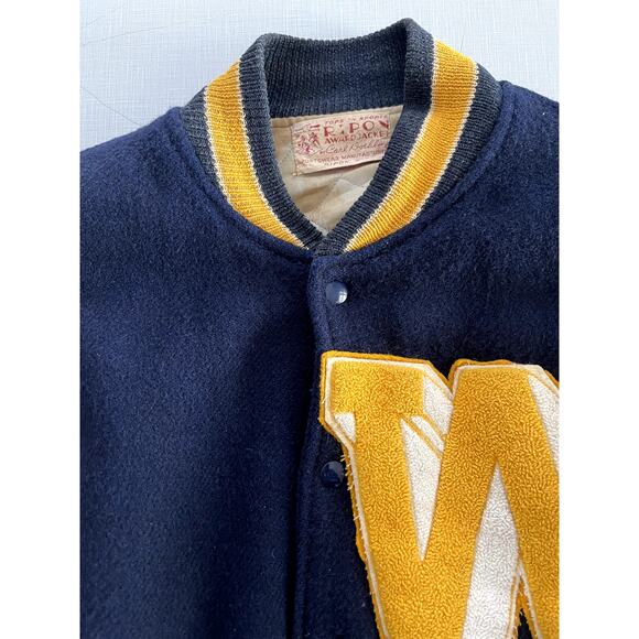 Ripon Award Letterman Jacket Sz S/M Blue Wool Leather Vintage 80s Varsity Lined - Picture 3 of 16